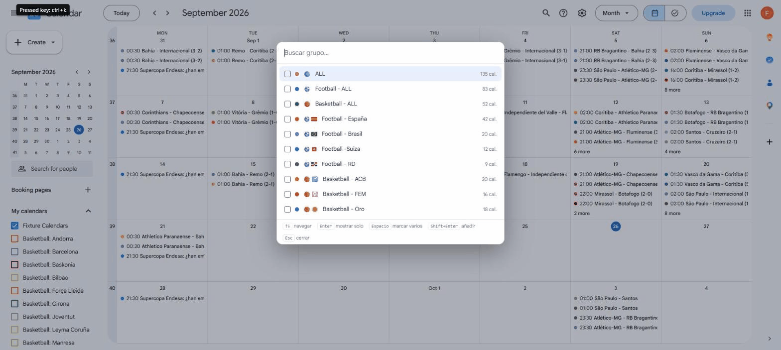 Demo: switching and combining calendar groups with the Ctrl+K palette