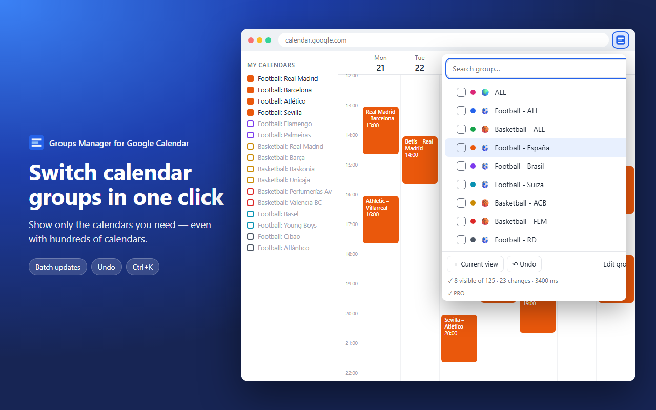 Groups Manager popup showing calendar groups over a weekly calendar